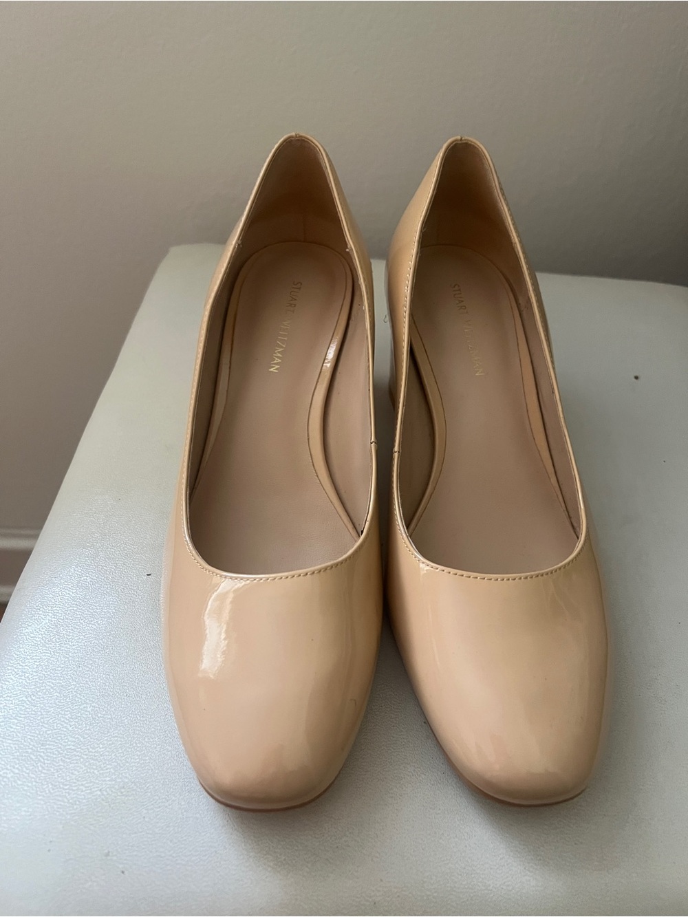 Stuart Weitzman Blush Patent Leather Low Block Heel Pumps